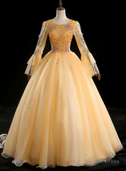 For Your Big Night Gold Ball Gown Tulle Long Sleeve Beading Quinceanera Dress