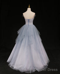 Formal Prom Dresses Strapless Blue A-Line Tulle Formal Gown