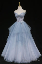 Formal Prom Dresses Strapless Blue A-Line Tulle Formal Gown