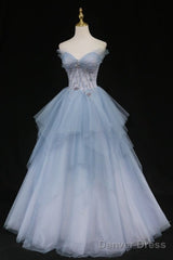 Formal Prom Dresses Strapless Blue A-Line Tulle Formal Gown