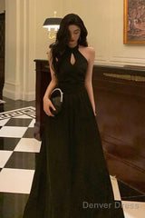 French A Line Halter Sleeveless Black Prom Dresses Birthday Outfits