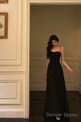 French A Line Spaghetti Straps Black Long Lace Prom Dresses Birthday Outfits Evening Gown