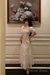 French A Line Square Neckline Short Sleeves Floral Lace Prom Dresses Birthday Outfit