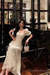 French A Line Square Neckline Short Sleeves Floral Lace Prom Dresses Birthday Outfit