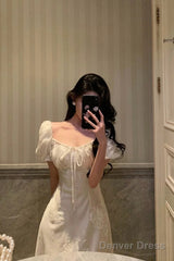 French A Line Square Neckline Short Sleeves Floral Lace Prom Dresses Birthday Outfit