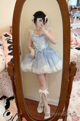 French Ball Gown 2 Pieces Top And Skirt Short Blue Lolita Dresses Party Dress Birthday Outfits