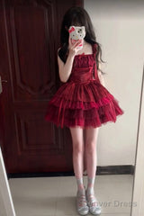 French Ball Gown Square Neckline Short Tulle Burgundy Lolita Dresses Party Dress Birthday Outfits