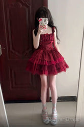 French Ball Gown Square Neckline Short Tulle Burgundy Lolita Dresses Party Dress Birthday Outfits