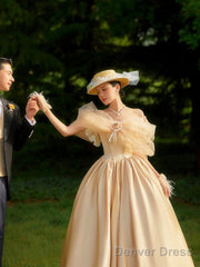 French Champagne Satin Corset Long Prom Dress, Off The Shoulder Evening Party Dress