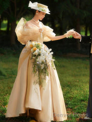 French Champagne Satin Corset Long Prom Dress, Off The Shoulder Evening Party Dress