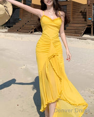 French Retro Yellow Holiday Style Sling Fork Long Skirt