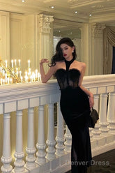 French Sheath High Neckline Black Velvet Long Prom Dresses Birthday Outfits