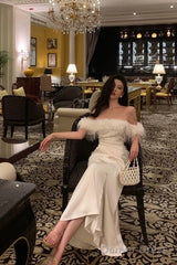 French Sheath Off The Shoulder White Satin Slit Prom Dresses Birthday Outfits