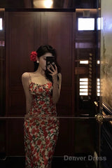 French Sheath Spaghetti Straps Floral Prom Dresses Birthday Outfits Evening Gown