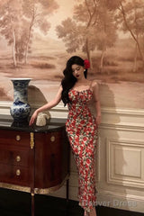 French Sheath Spaghetti Straps Floral Prom Dresses Birthday Outfits Evening Gown