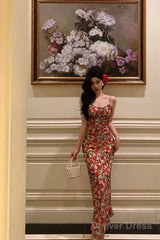 French Sheath Spaghetti Straps Floral Prom Dresses Birthday Outfits Evening Gown