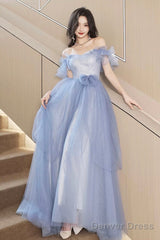 French Stylish Off Shoulder Blue Tulle Prom Dress With Bow