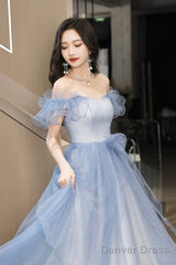 French Stylish Off Shoulder Blue Tulle Prom Dress With Bow