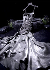 French Vintage Mermaid Spaghetti Straps Ruffles Silver Gray Prom Dresses Birthday Outfits