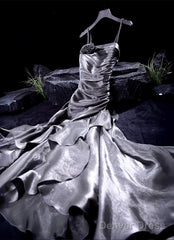 French Vintage Mermaid Spaghetti Straps Ruffles Silver Gray Prom Dresses Birthday Outfits