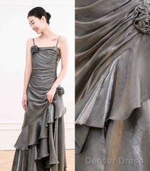 French Vintage Mermaid Spaghetti Straps Ruffles Silver Gray Prom Dresses Long Birthday Outfits
