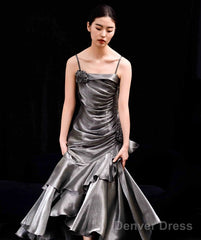 French Vintage Mermaid Spaghetti Straps Ruffles Silver Gray Prom Dresses Long Birthday Outfits