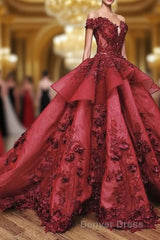 Ball Gown Off the Shoulder Prom Dresses with Beading, Puffy Long Quinceanera Dresses