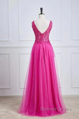 Fuchsia A-Line Long Prom Dresses Plunging V Neck Floral
