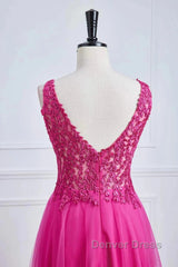 Fuchsia A-Line Long Prom Dresses Plunging V Neck Floral