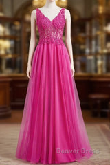 Fuchsia A-Line Long Prom Dresses Plunging V Neck Floral