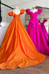 Fuchsia A Line Long Prom Dresses with Puff Sleeves