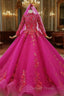 Fuchsia Ball Gowns High Neck Long Sleeve Appliques Beading Wedding Dresses