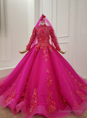 Fuchsia Ball Gown High Neck Long Sleeve Appliques Beading Wedding Dress