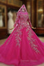 Fuchsia Ball Gowns High Neck Long Sleeve Embroidery Appliques Wedding Dresses