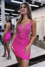 Fuchsia Beaded Plunge V Lace-Up Short Homecoming Dress