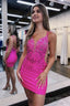 Fuchsia Beaded Plunge V Lace Up Short Homecoming Dresses