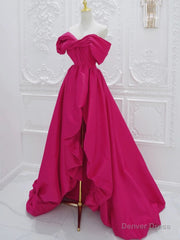 Fuchsia High Low Off Shoulder Party Dress, High Low Prom Dress Formal Dress