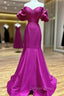 Fuchsia Mermaid Satin Strapless Puff Sleeve Prom Dresses