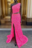 Fuchsia Mermaid Sequins Beading One Shoulder Prom Dresses
