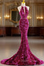 Fuchsia Mermaid Sequins Halter Prom Dresses