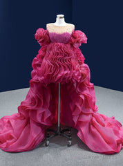 Fuchsia Organza Pearls Prom Dress