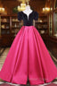 Fuchsia Satin Black Velvet Short Sleeve Prom Dresses