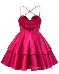 Fuchsia Satin Homecoming Dresses Sweetheart Neck Tiered Short Graduation Dresses