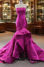 Fuchsia Satin Mermaid Pleats Prom Dresses