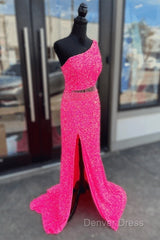 Fuchsia Sequins One Shoulder Cut-Out Tassels Long Prom Dresses With Slit