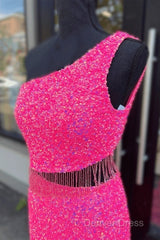 Fuchsia Sequins One Shoulder Cut-Out Tassels Long Prom Dresses With Slit