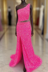 Fuchsia Sequins One Shoulder Cut-Out Tassels Long Prom Dresses With Slit