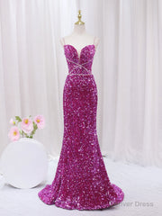 Fuchsia Sequins Spaghetti Straps Prom Dress
