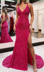 Fuchsia Sparkly Sequins Mermaid Open Back Long Prom Dress with Slit Prom Dresses