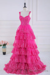 Fuchsia Sweetheart Corset Sequin Layered Ball Gown